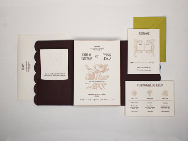 Full Letterpress Suite with Main invite, two details cards, RSVP and envelopes with Burgundy scalloped pocket envelope