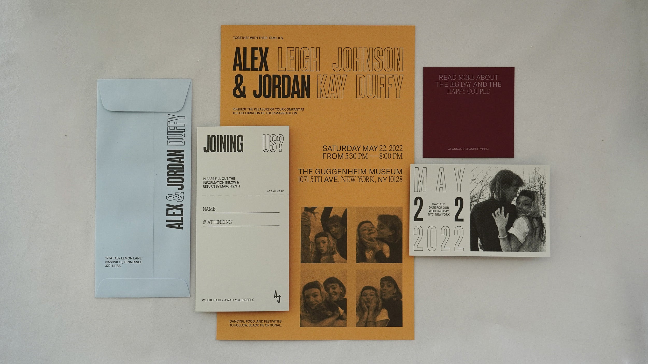 Wedding Invitation Suite with Poster-sized Mustard Invite and letterpress details cards
