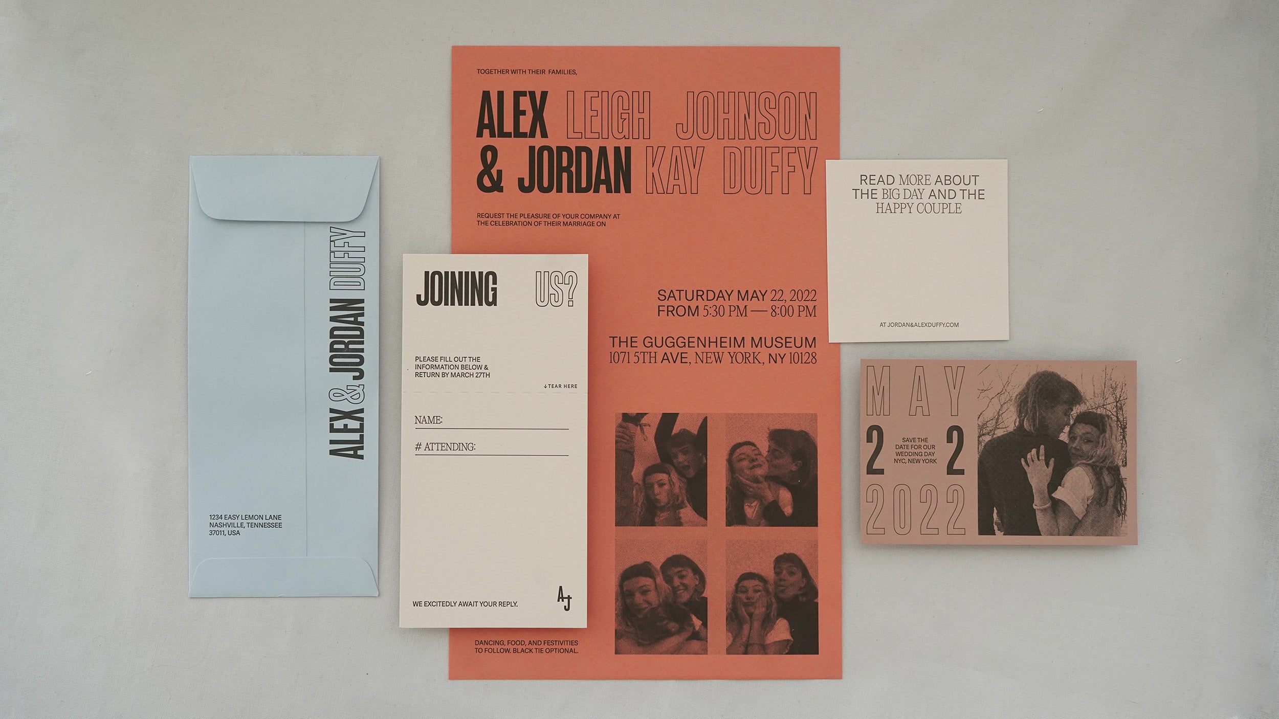 Wedding Invitation Suite with papaya Poster-sized Invitation and letterpress details cards