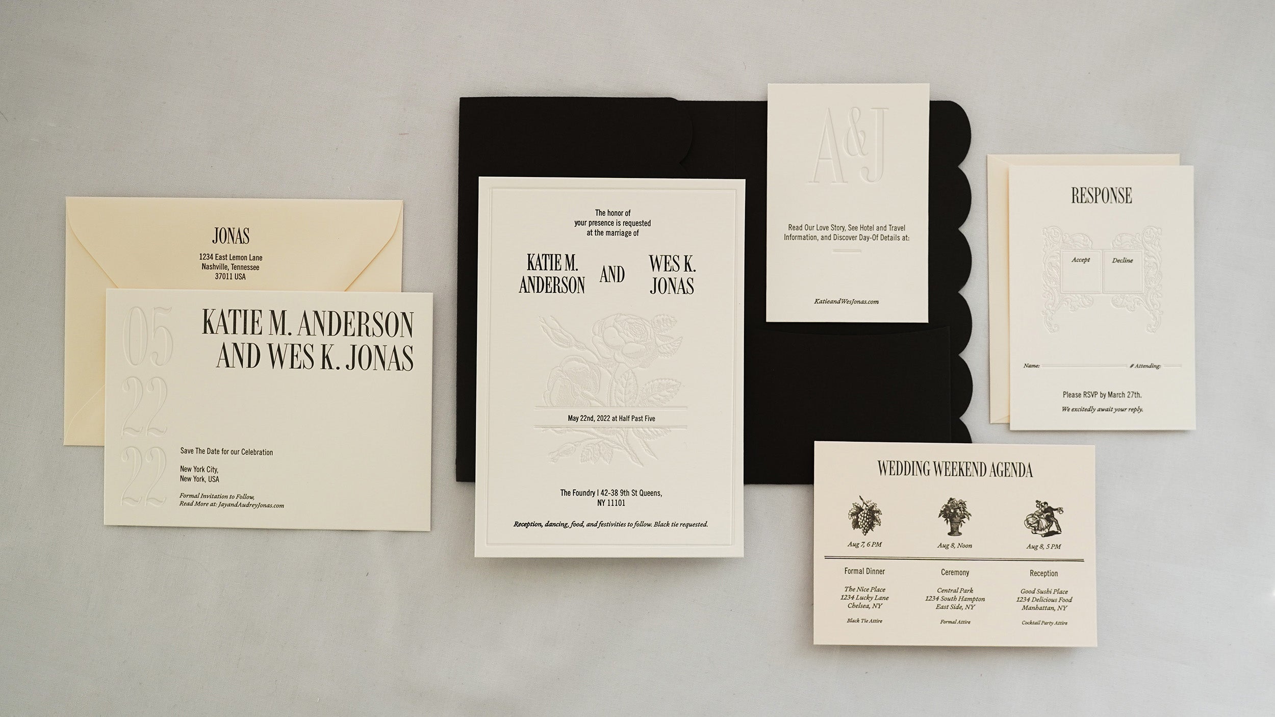 Letterpress Wedding Invitation Suite in Black and White with cream embellishments