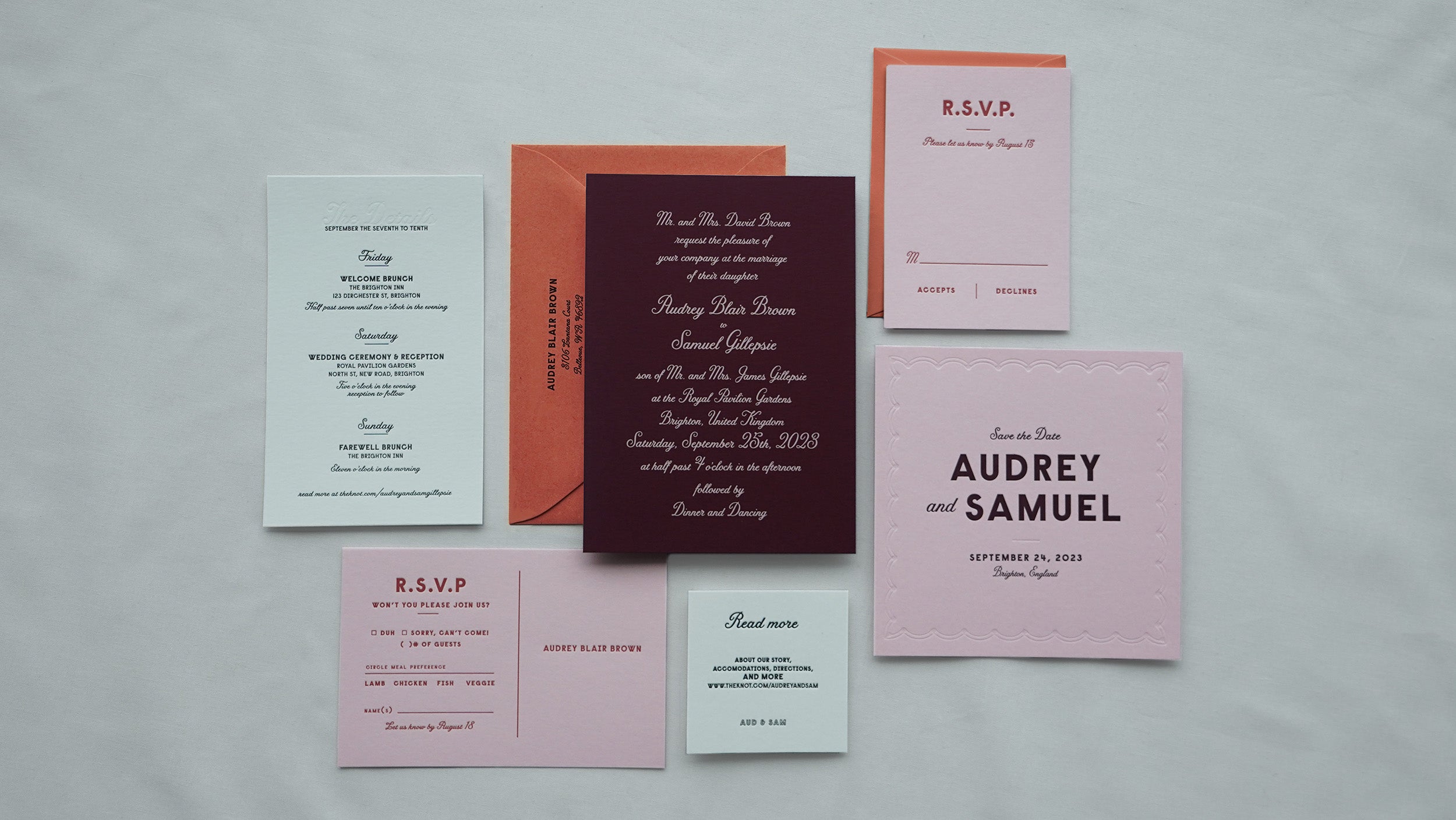 Letterpress Wedding Invitation Suite with pink and red details cards