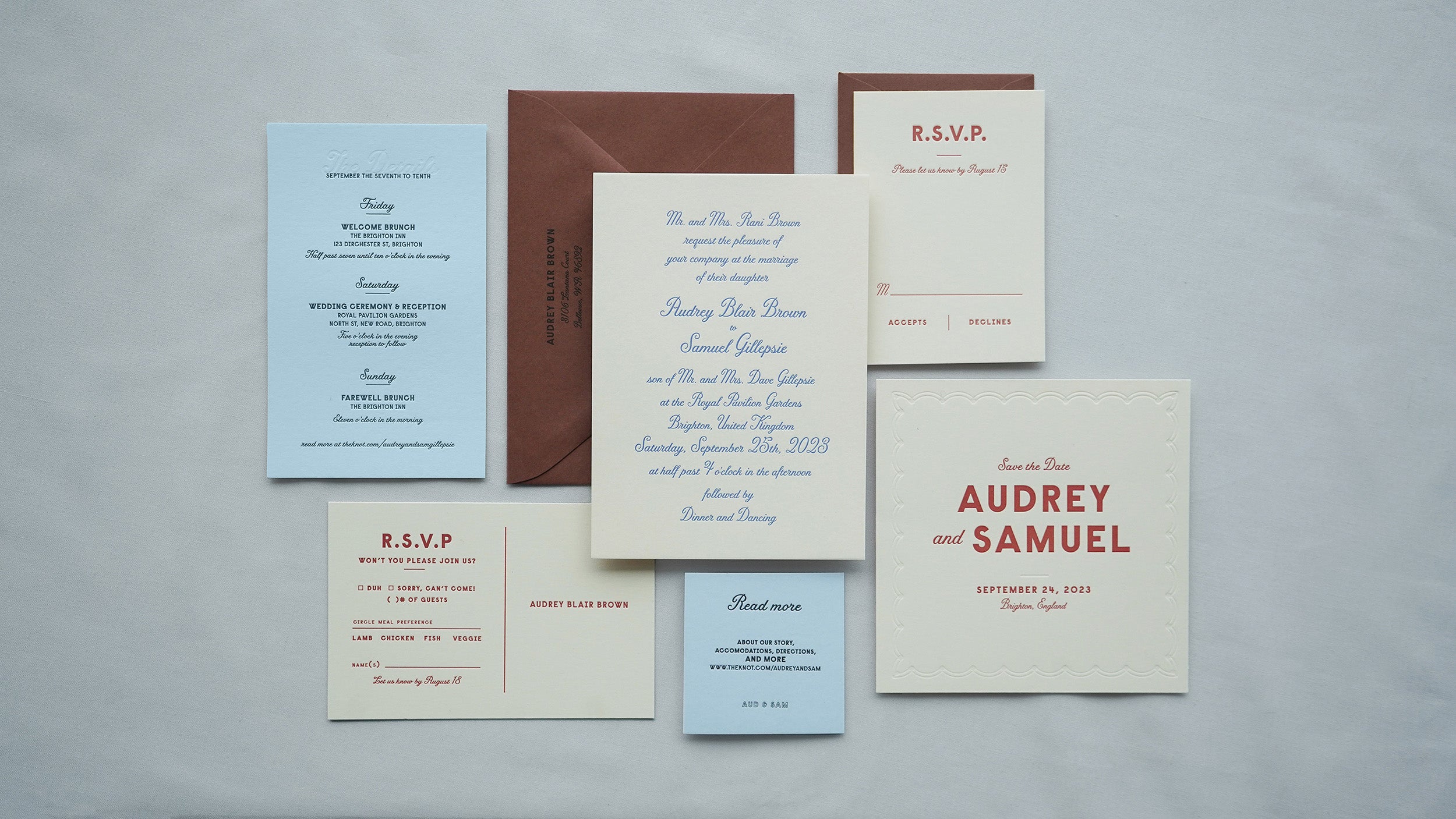 Semi Custom Letterpress Wedding Invitation Suite with Brown and Blue tones