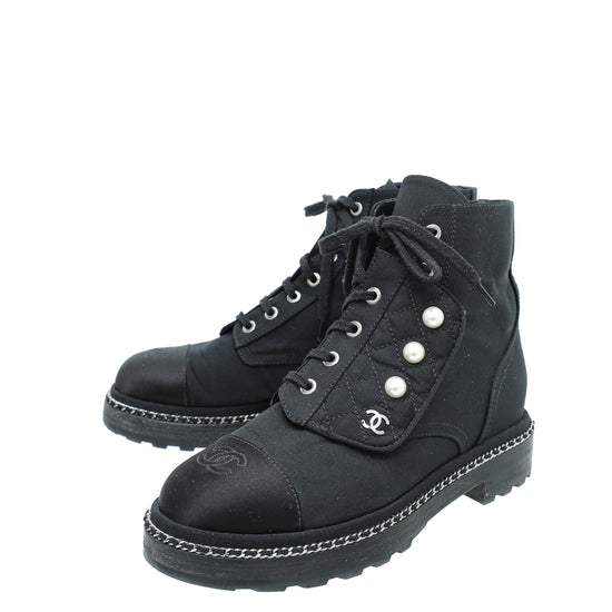 Chanel Black CC Fabric Pearl Combat Short Boots  – The Closet