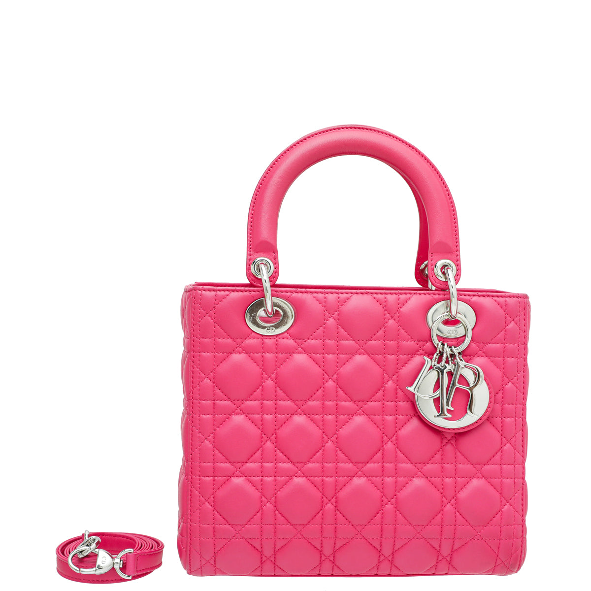 CHRISTIAN DIOR Lambskin Cannage Medium Lady Dior Hot Pink 100042   FASHIONPHILE