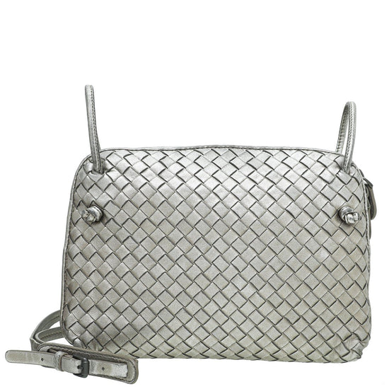 BOTTEGA VENETA metallic silver leather INTRECCIATO NODINI SMALL Crossbody  Bag