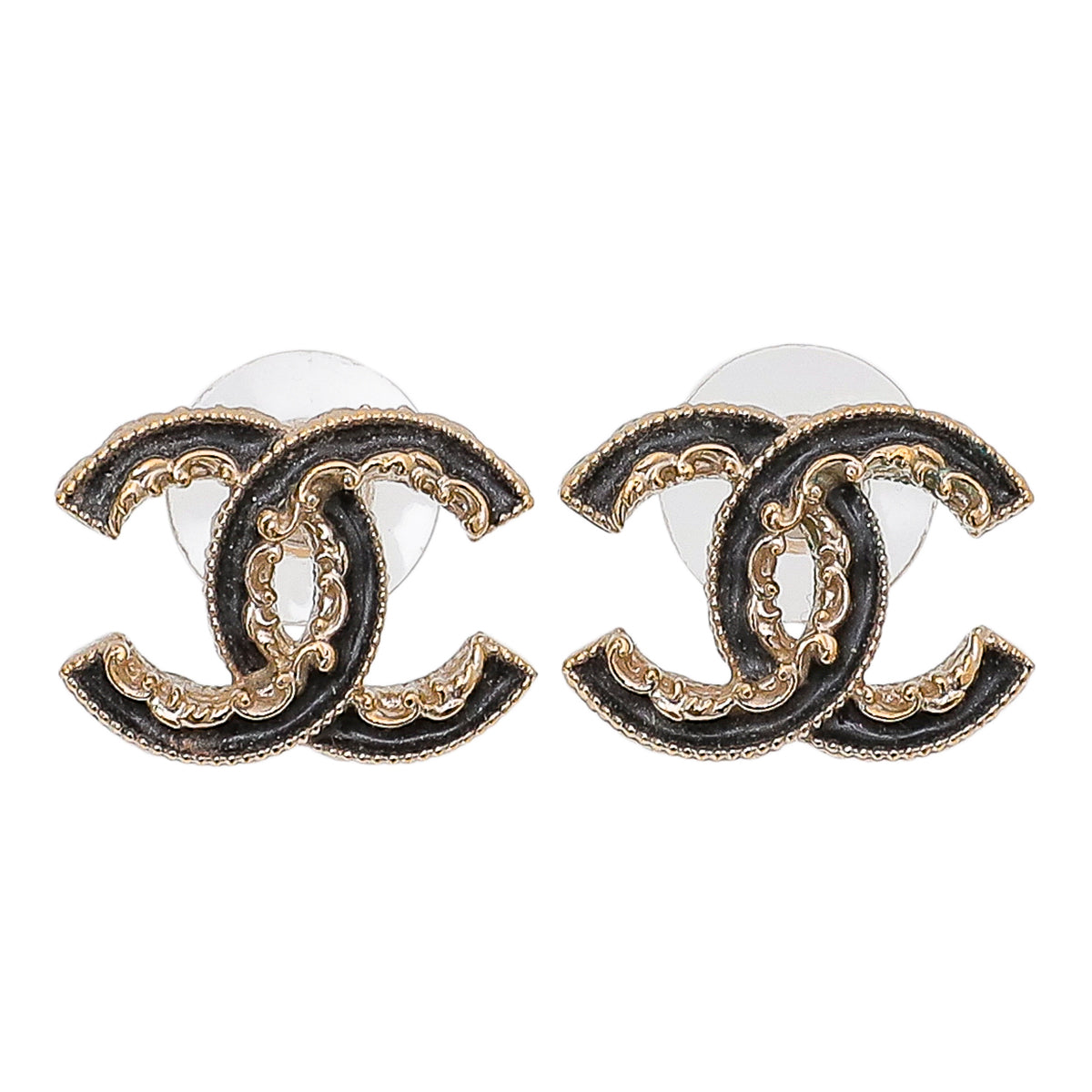 Chanel Vintage  Earrings  Black Ribbon with Black Enamel Gold CC and Drop  Pearl with Black dots