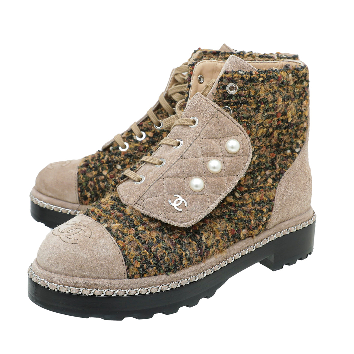 Chanel Brown Suede Wool Pearl Combat Boots  – The Closet