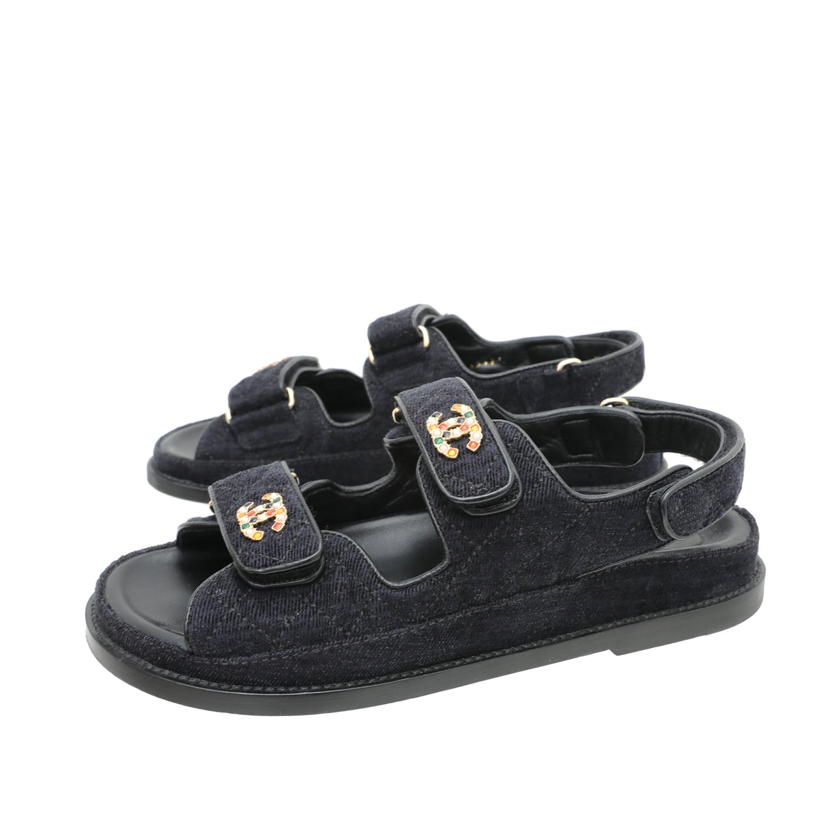 Chanel Dark Blue Velcro W/ Crystal CC Dad Sandals 38 – The Closet