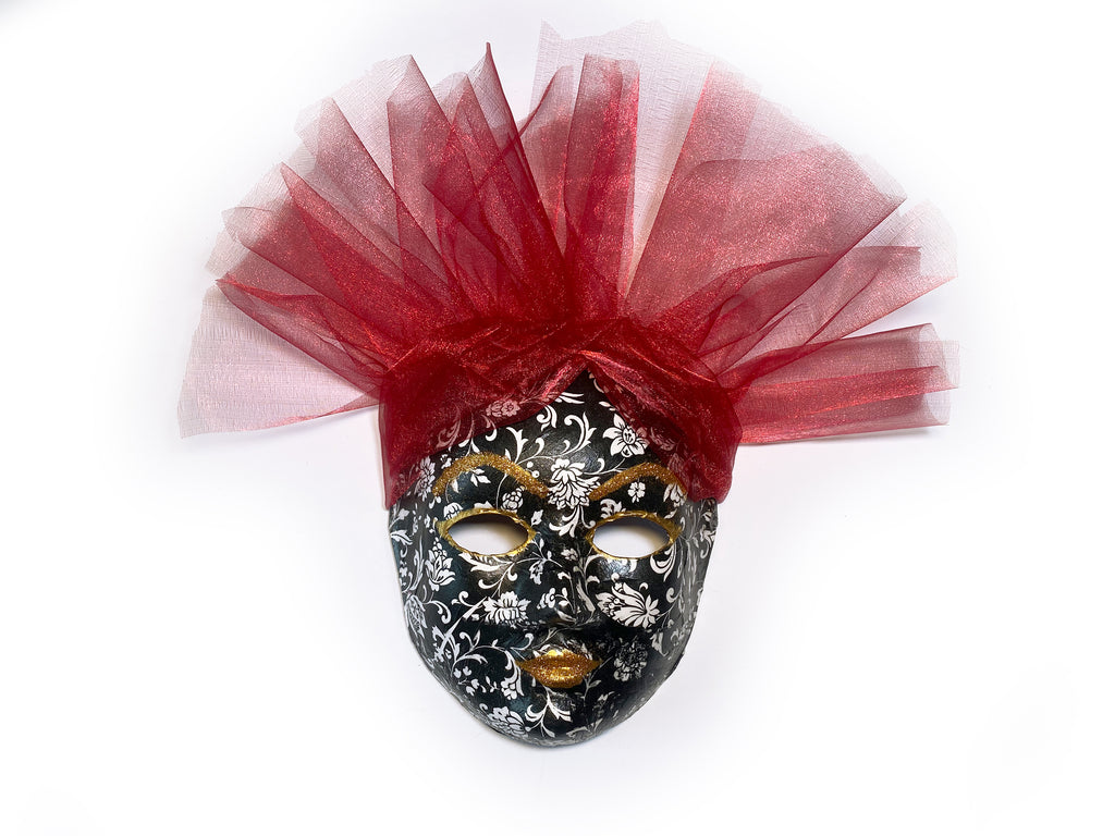 Fertige Maske schwarz weiß Schnörkel mit bordeauxrotem Organza