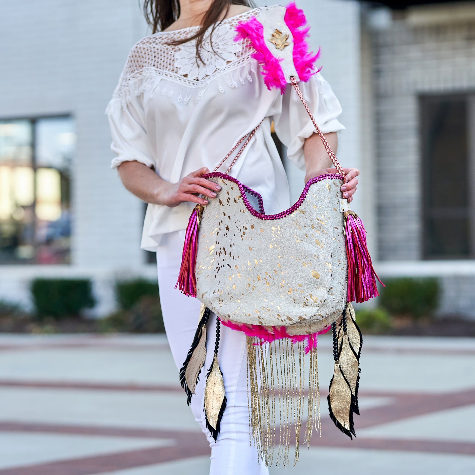 Black Leather and Black & White Cowhide Rounded Crossbody Fringe Bag with  Concho - Buffalo Boutique