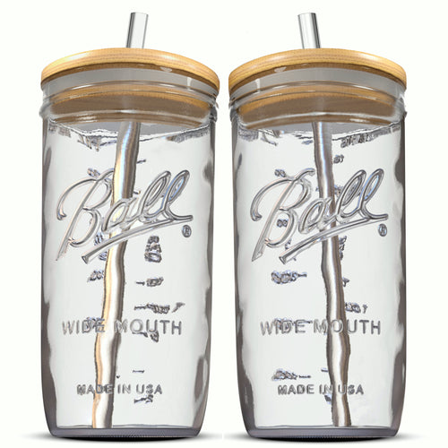 Reusable Wide Mouth Smoothie Cups Boba Tea Bubble with Lids and Silver  Straws Mason Jars Glass (2-pack, 16 oz mason jars)