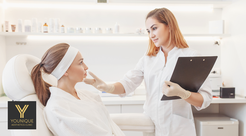  Treatments for Damaged Skin at Younique Aesthetics Skin Clinic in Belfast and Newry. The image showcases a variety of professional skin treatments being offered at the clinic. In the foreground, there is a person receiving laser therapy, addressing specific skin concerns and promoting healing. In the background, another individual is undergoing a PRP (Platelet-Rich Plasma) treatment, which supports skin rejuvenation and collagen production. The clinic's logo is visible, signifying their expertise and dedication to skin care. This image emphasizes the clinic's commitment to providing advanced and effective solutions for damaged skin."