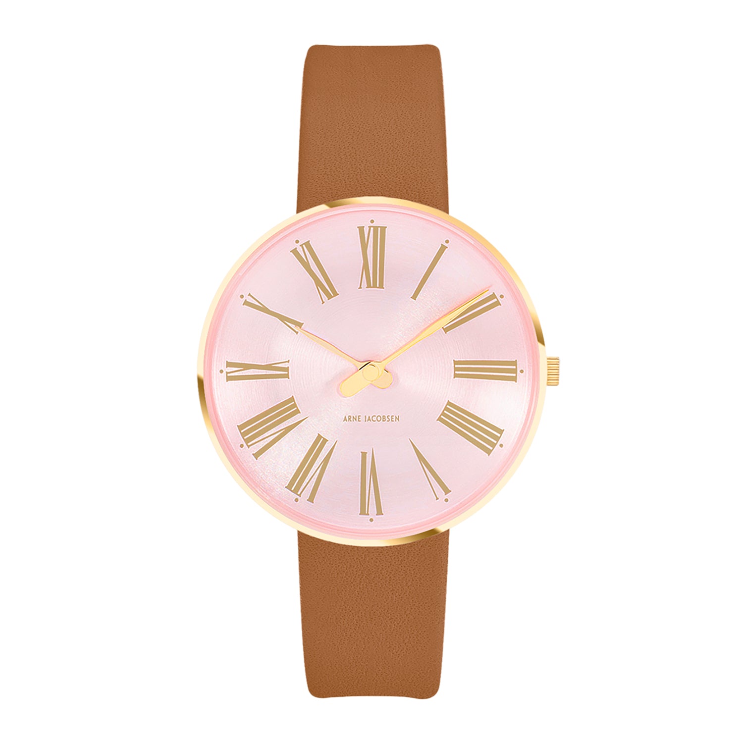 Billede af Arne Jacobsen - Roman Orchid Pink ur, 34 mm guld IP/brun læderrem Rustfrit stål