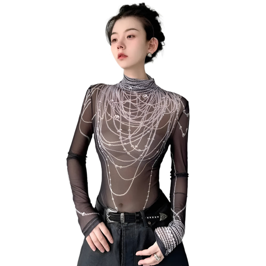 Mesh Pearl Print Drip Top