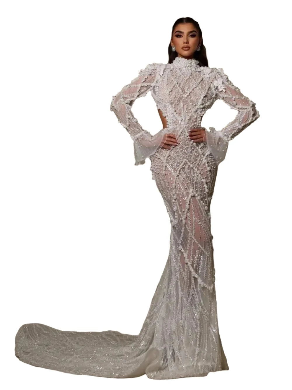 Backless Mesh Beaded Pearl Dress