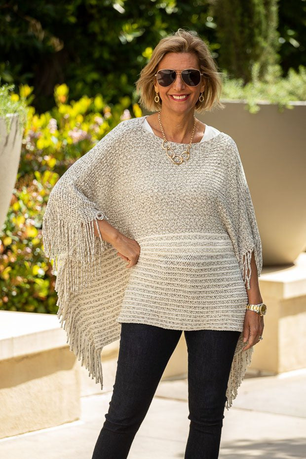 New Ivory Taupe Lightweight Chenille Poncho For Women 