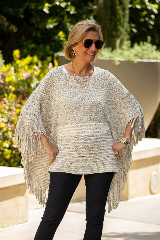 Close Up New Ivory Taupe Lightweight Chenille Poncho For Women 
