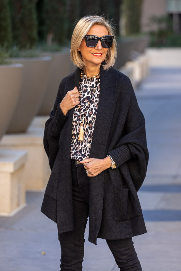Black Shrug Cardigan And Tan Poncho Mixed With Leopard Top – Just Style LA