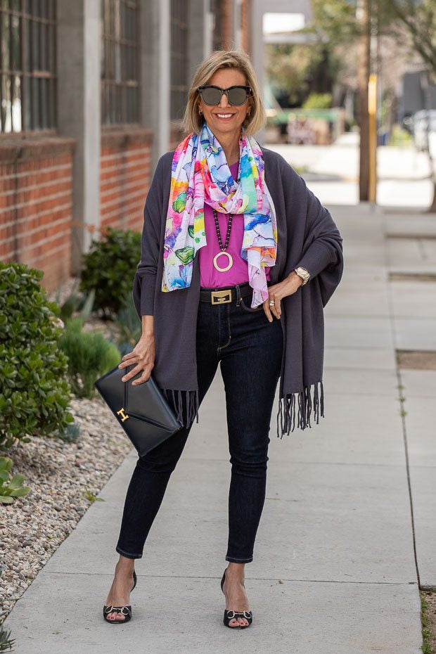 Blue Gray Lightweight Shrug Cardigan With Splashes Of Color – Just Style LA