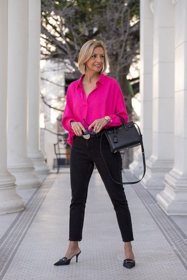 Fuchsia Shirt Styled With Two Chenille Cardigans – Just Style LA
