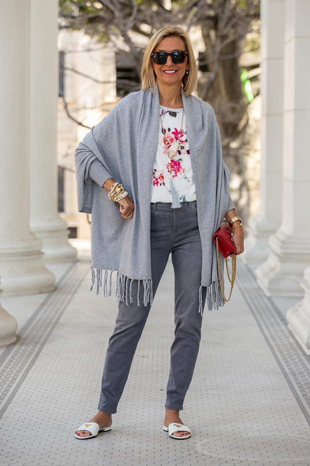 Heather Gray Lightweight Shrug Cardigan And Floral Stripe Top – Just ...