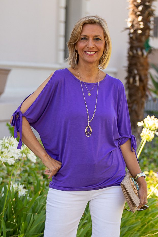 Summer slit tie sleeve purple jersey top for women 