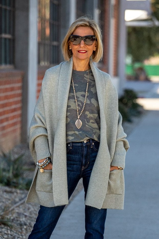 Sage Shrug Cardigan Styled With A Camouflage Top – Just Style LA