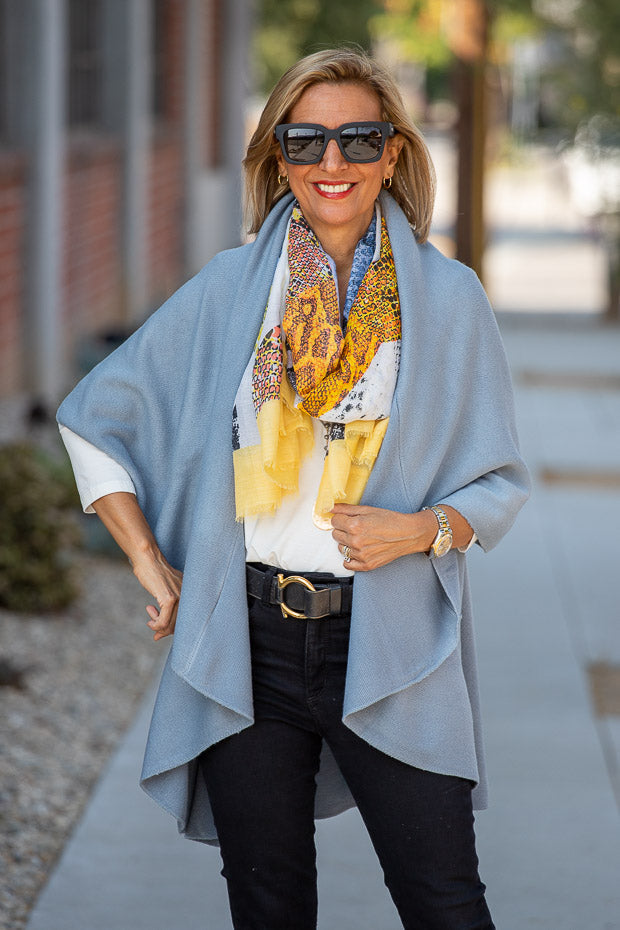 Steel Blue Cape Vest Styled With A Snakeskin Print Scarf – Just Style LA