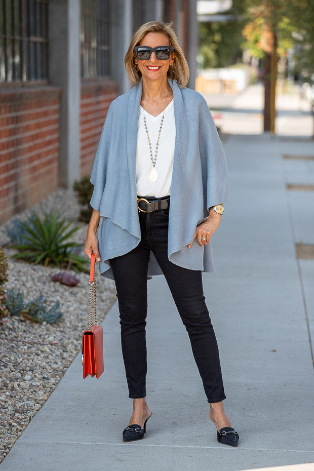 Steel Blue Cape Vest Styled With A Snakeskin Print Scarf – Just Style LA