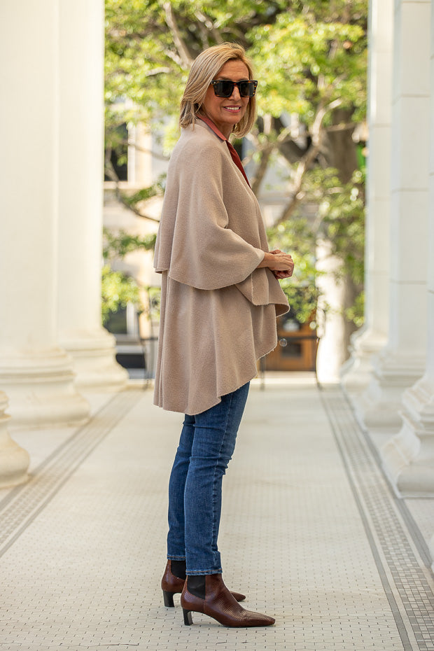 womens Tan cape vest with sienna shirt for fall 