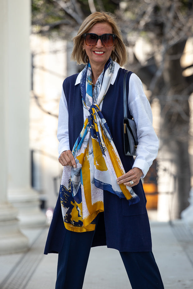 Navy Blue Gold Abstract Floral Silky Scarf Shawl