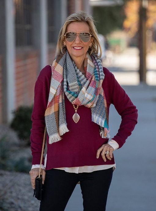 Navy Red White Paisley Print Chiffon Scarf