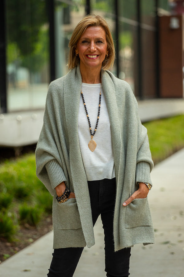 Sage Shrug Cardigan Mixed With A Snakeskin Print Scarf – Just Style LA