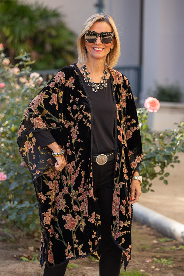 Black Multi Floral Velvet Burnout Kimono – Just Style LA