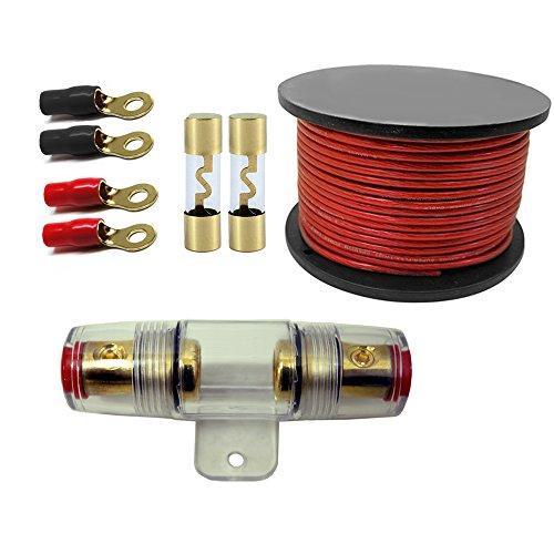 MK Audio 100 Amp Inline AGU Fuse Holder Fits 4 8 10 Gauge Wire with RT4 4-Gauge Ring Terminal and AGU100 AGC Gold Standard Glass Fuses 100 Amp 12 Volts + 4 Gauge Power 20 Feet RED