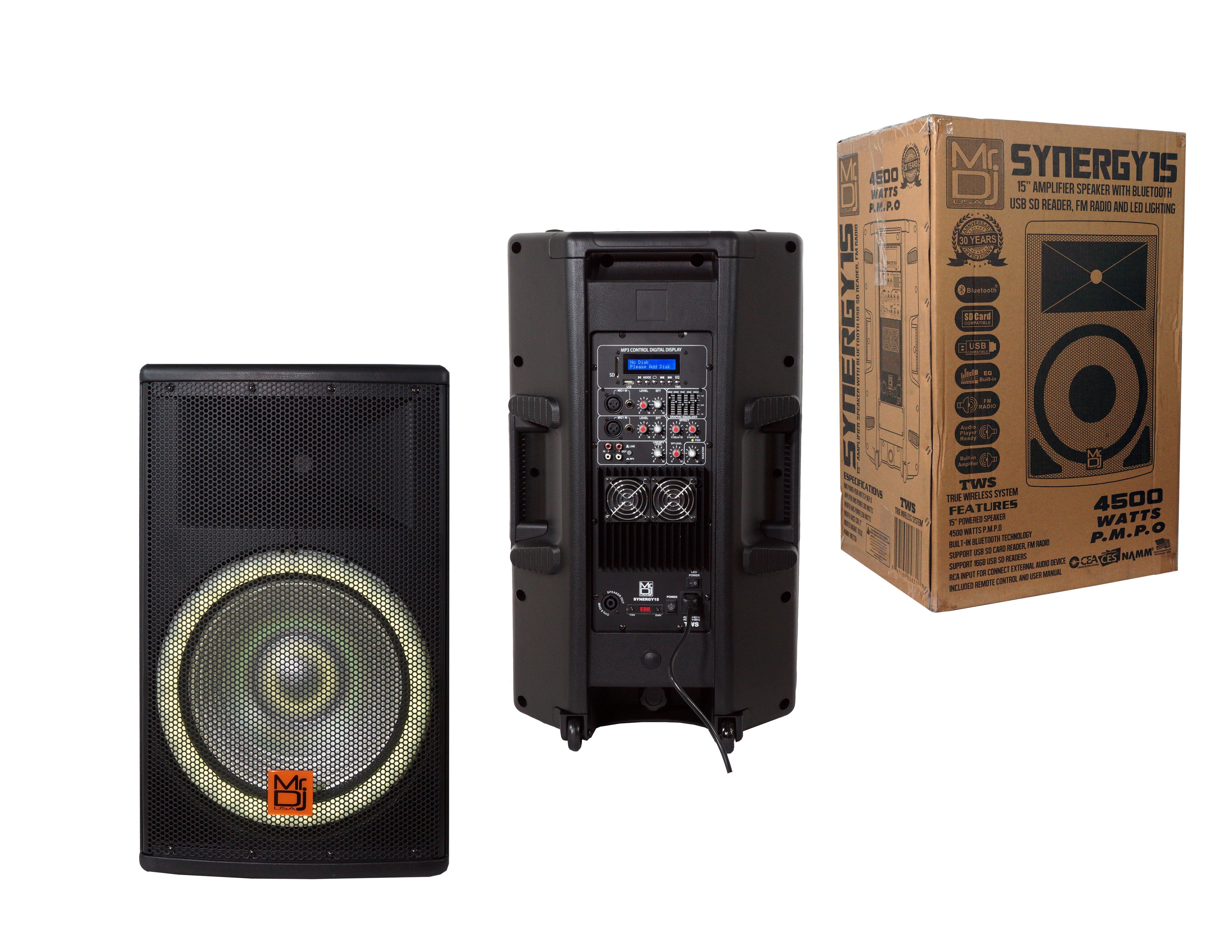 MR DJ SYNERGY15 15" Portable Bluetooth PA Speaker System 4500W Bluetooth Speaker Portable PA System with Microphone input, Party Lights, MP3/USB SD Card Reader, Rolling Wheels