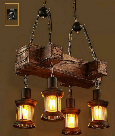 Lampadario di legno creativo industriale vintage, lampadario di ferro metallico a 4 luci