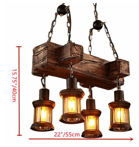 Lampadario di legno creativo industriale vintage, lampadario di ferro metallico a 4 luci