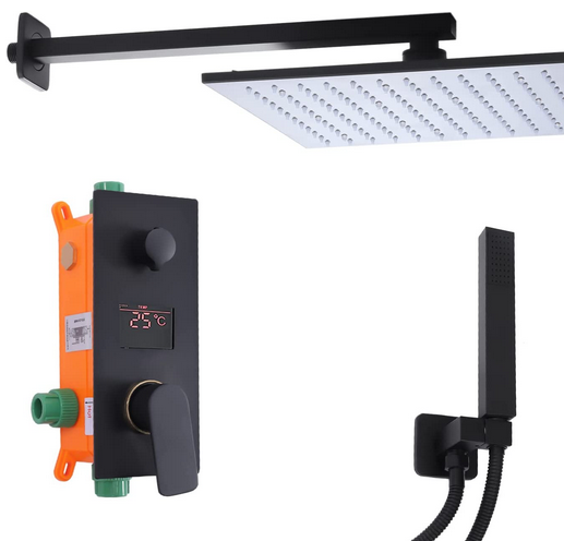 Sistema LED nero, sistema doccia a LED con schermo digitale, set doccia a pioggia con soffione doccia, doccetta a cascata