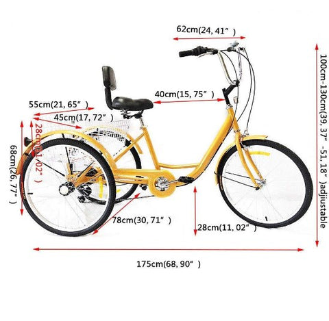 24" 6 velocità, triciclo per adulti + cestino, giallo (senza luce)
