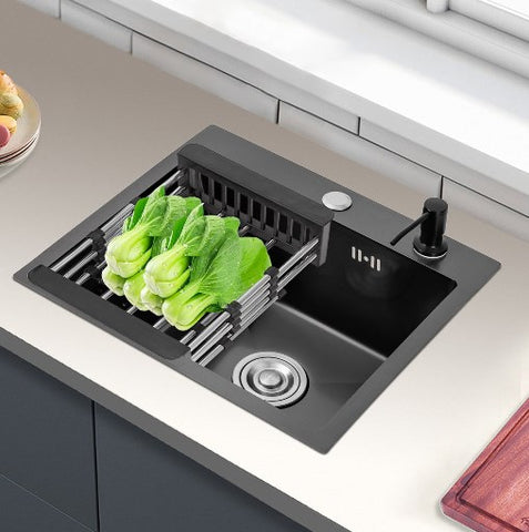 Lavello da incasso, colore nero, 40 x 45 cm, per cucina, con dispenser di sapone