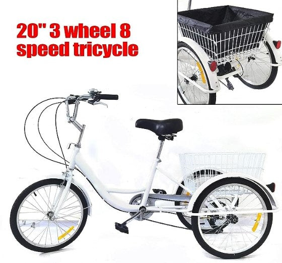 CNCEST 20 Pollici Triciclo per Adulti Bicicletta a 3 Ruote 8 Velocità Triciclo con Cestino