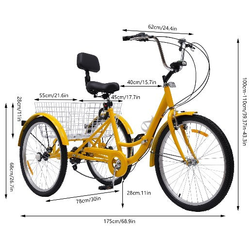 Bicicletta pieghevole a tre ruote da 24 pollici con portabicchiere giallo faro