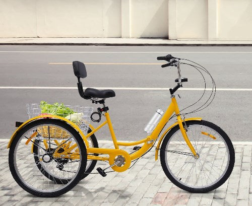 Bicicletta pieghevole a tre ruote da 24 pollici con portabicchiere giallo faro