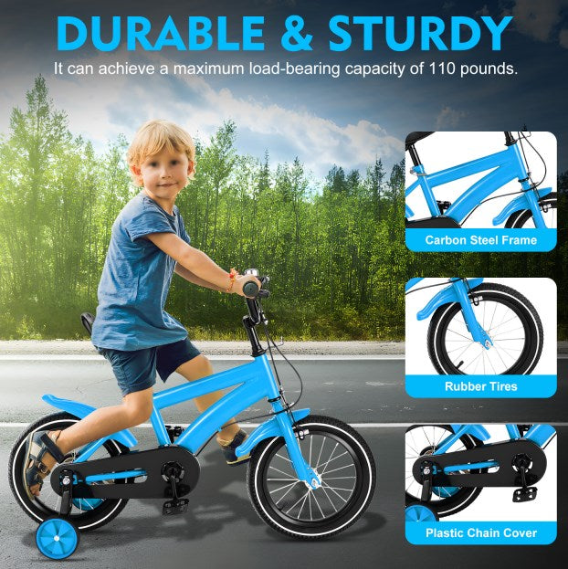 14 Pollici Bicicletta per Bambini, Bicicletta di Equilibrio per Ragazzi e Ragazze, Stabilizzatori in Acciaio, Antiscivolo, Colore Blu