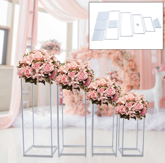 Set di 4 supporti per fiori a colonna in metallo, rettangolari, decorazione per matrimoni, Giardini,  (bianco)