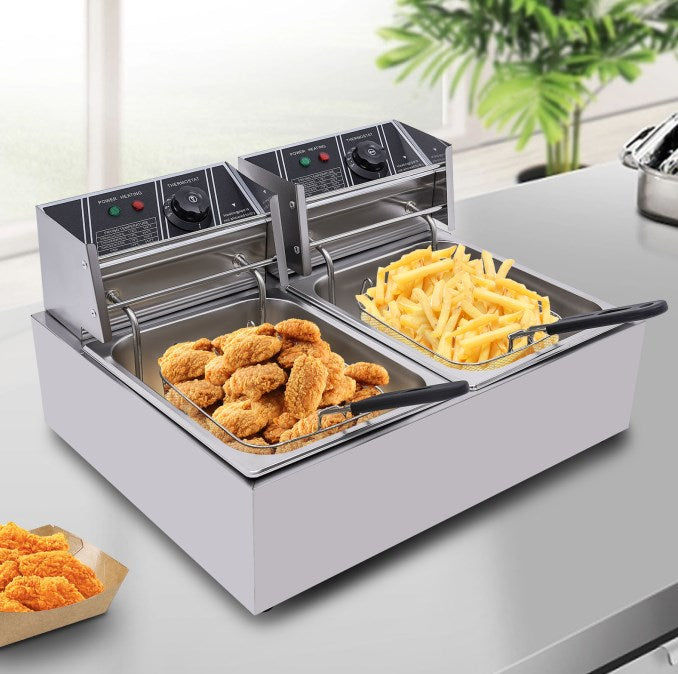 Friggitrice doppia in acciaio inox, con zone fredde da 5000 W, 2 x 6 l, ideale per cucinare patatine fritte, anelli di cipolla, pollo arrosto