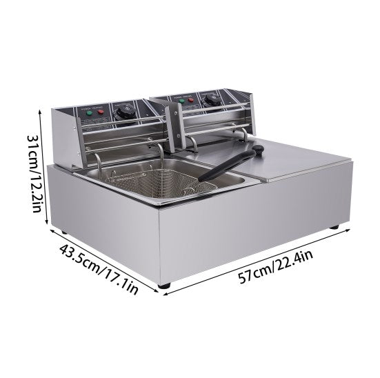 Friggitrice doppia in acciaio inox, con zone fredde da 5000 W, 2 x 6 l, ideale per cucinare patatine fritte, anelli di cipolla, pollo arrosto