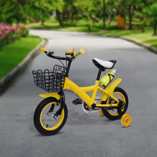 12 Pollici Bicicletta per bambini con Cestino con ruote da allenamento, bicicletta gialla per bambina