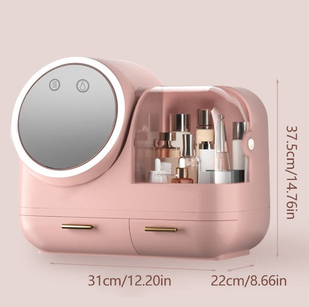 Organizzatore di Cosmetici con Luce LED e Specchio da Trucco, Contenitore per Cosmetici a LED con Ricarica USB (rosa)